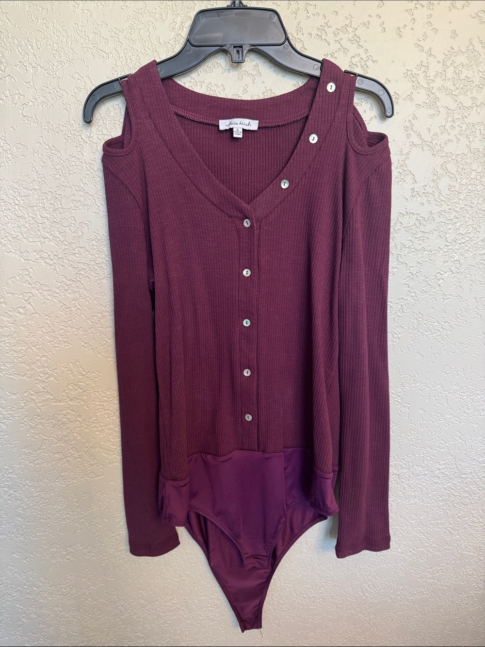 White Birch Burgundy Ribbed Cold-Shoulder Button-Front Bodysuit